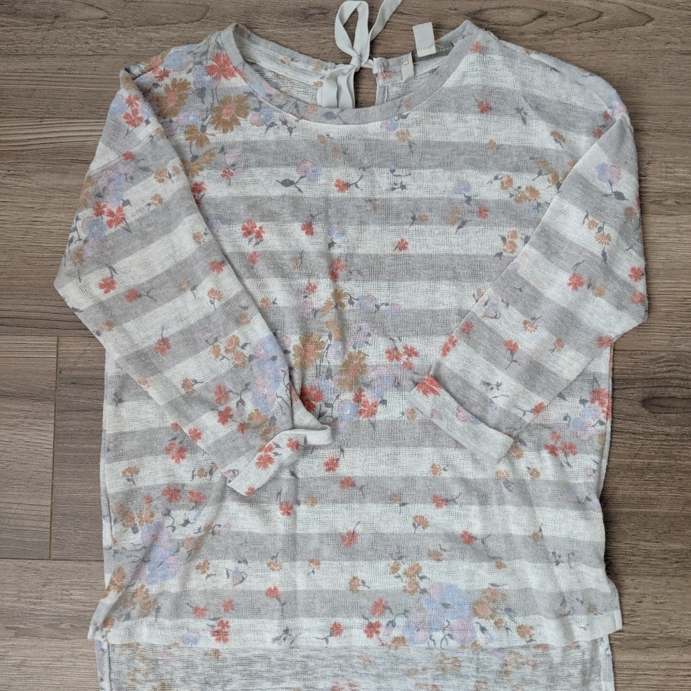 Lauren Conrad Grey White Striped Floral Knit Top